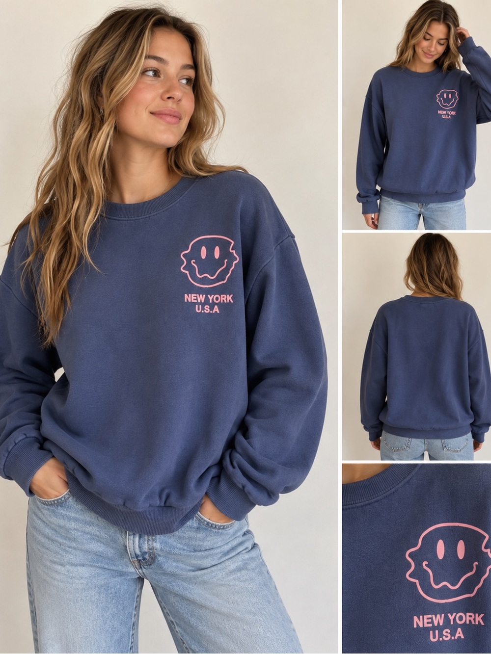New York USA Smiley Graphic Sweatshirt Size M Navy Blue Pink Oversized Crewneck